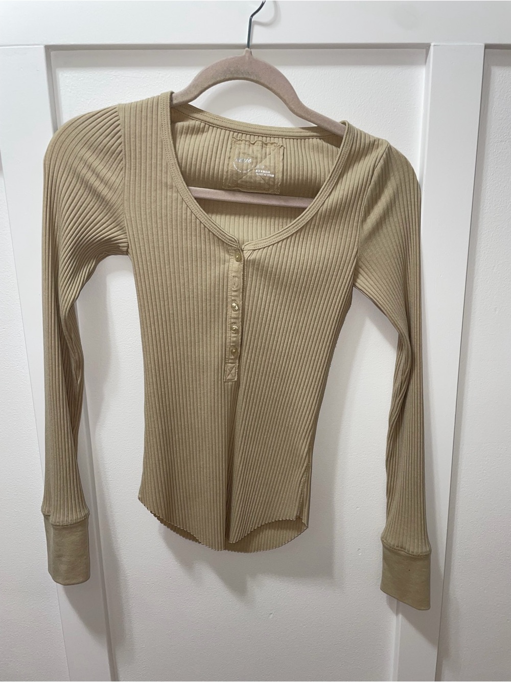 aerie Ribbed Long-Sleeve Henley Top in Light Tan